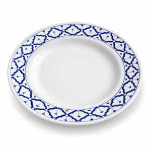 Blauw-wit keramisch diep bord van 24 cm met decoratief patroon langs de rand.