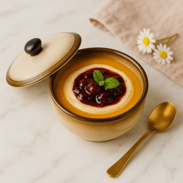 Dekschaal Somporn met dessert van vanillepudding en bessencompote, met gouden lepel
