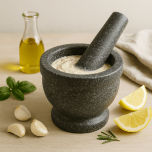 Donkergrijze granieten vijzel gevuld met huisgemaakte aioli, omringd door citroen, knoflook en verse basilicum.