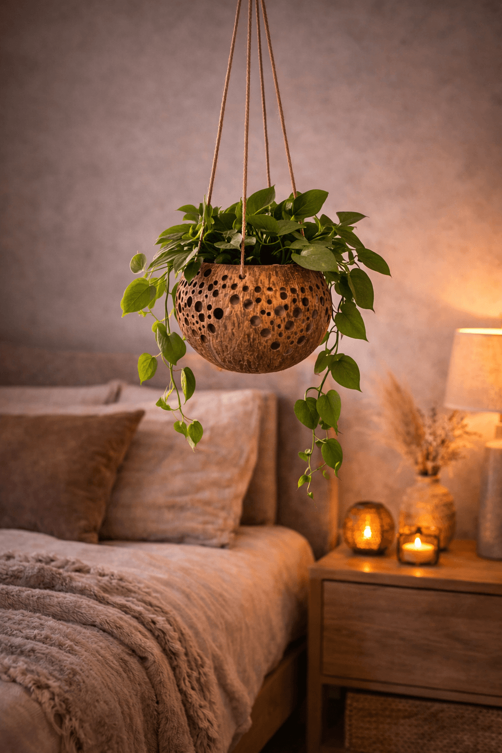 Boho hangpot van kokos met groene hangplant voor warme en sfeervolle inrichting
