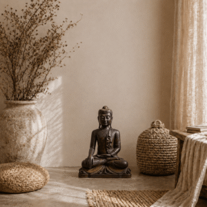 Houten Boeddha beeld van 50 cm in naturel interieur met droogbloemen, linnen gordijn, rotan mand en warme aardetinten.