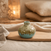 Turquoise knopvaasje met bruine dripglazuur op een houten plank in een warme, sfeervolle setting.