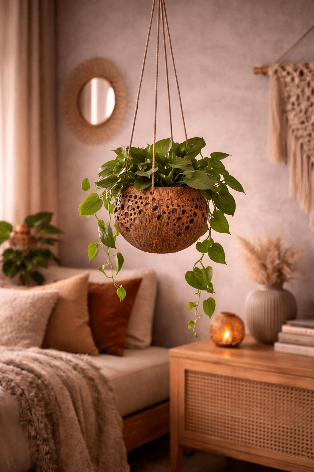 Kokos plantenhanger met groene plant in sfeervolle woonkamer met warme verlichting
