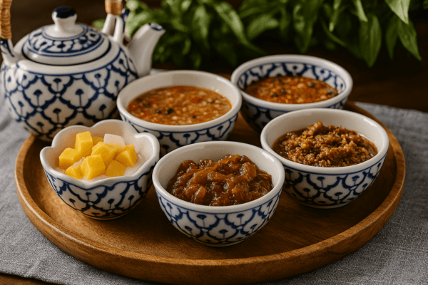 Set van vijf Thaise kommetjes met verschillende sausjes op een ronde houten serveerschaal.