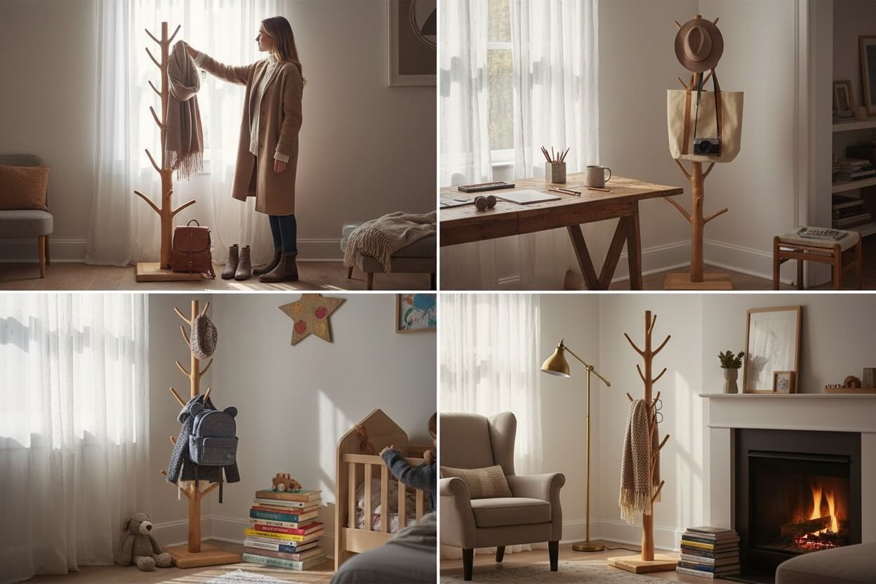 Staande kapstok in boomvorm van licht hout met houten voet in woonkamer, hal en kinderkamer