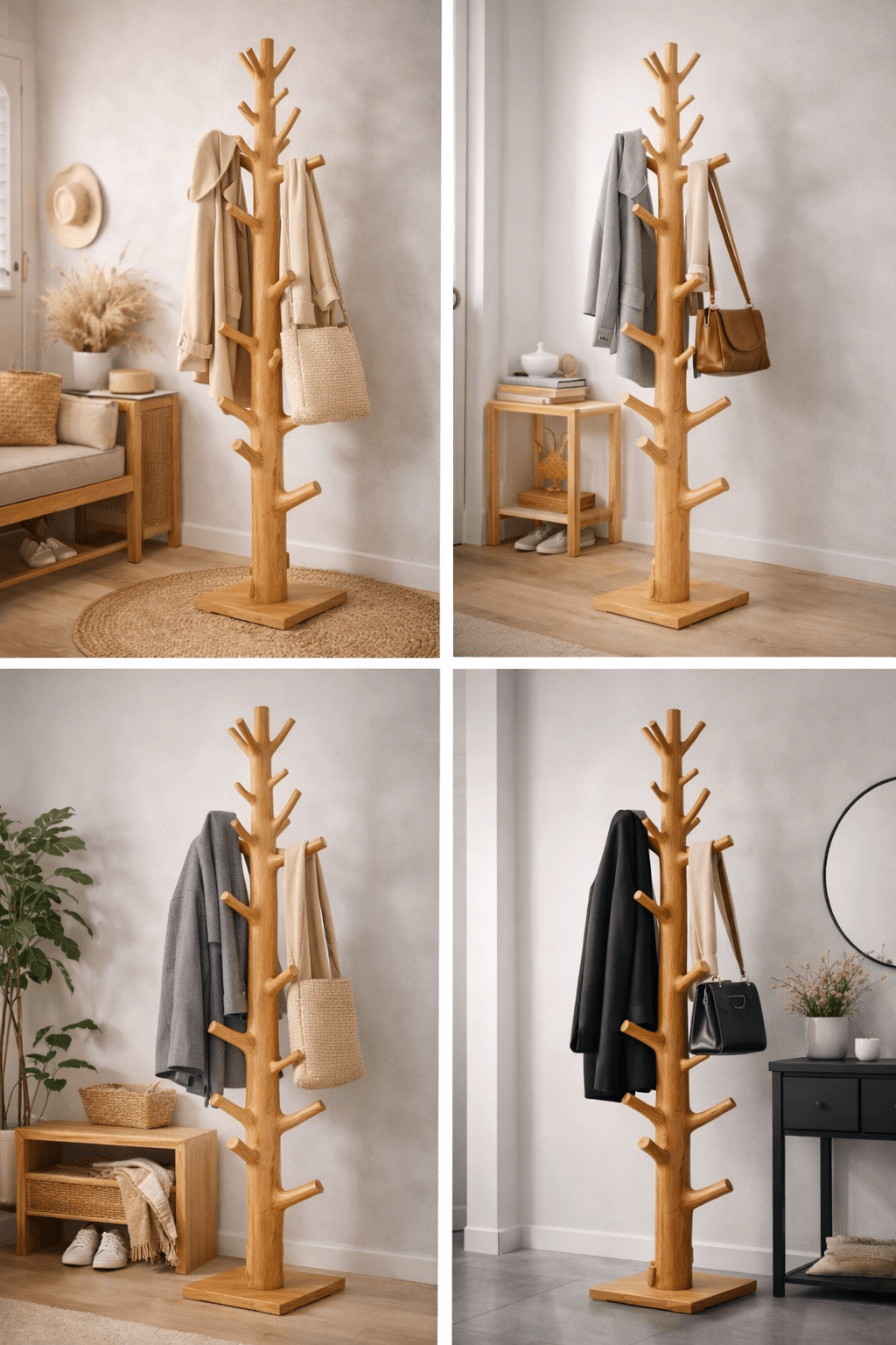Staande kapstok in boomvorm van licht hout in verschillende interieurstijlen met jassen en tassen