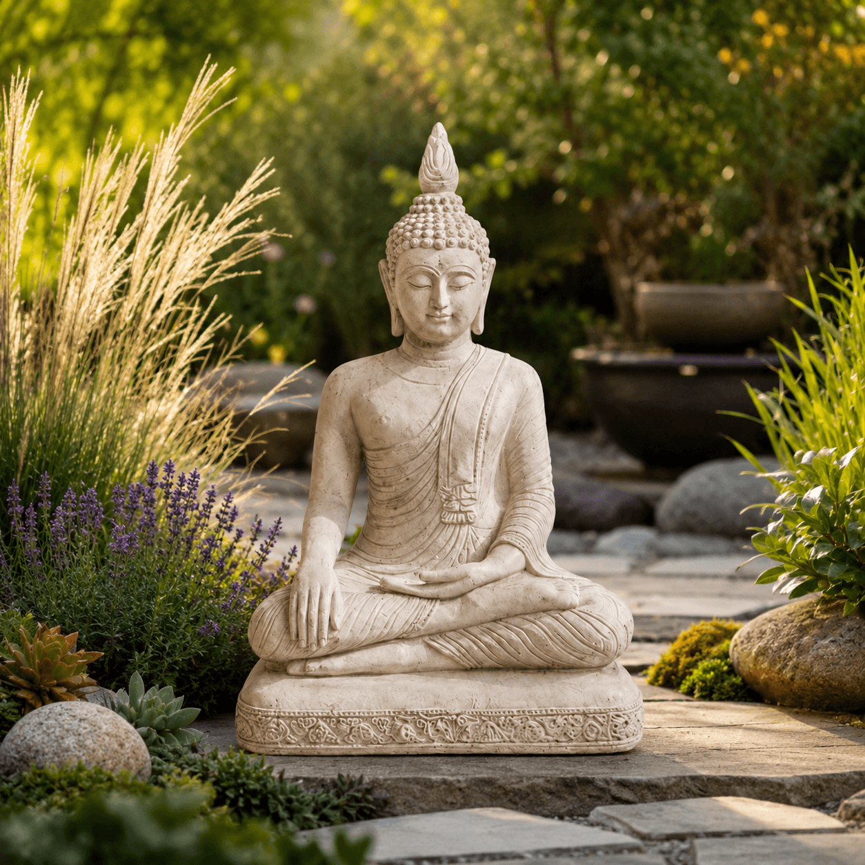 Stenen Boeddha beeld van 75 cm in een groene tuin met siergrassen, lavendel, natuurstenen pad en rustige meditatieve sfeer.