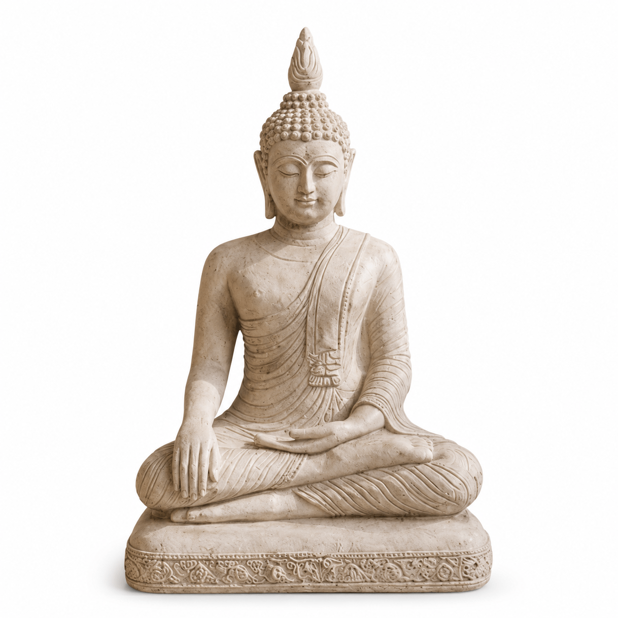 Stenen Boeddha beeld van 75 cm in zittende meditatiehouding met lichte steenkleur, gedetailleerd gewaad en sierlijke sokkel.