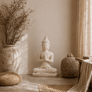 Stenen Boeddha beeld met gevouwen handen in naturel interieur met droogbloemen, linnen gordijn, rotan mand en warme aardetinten.