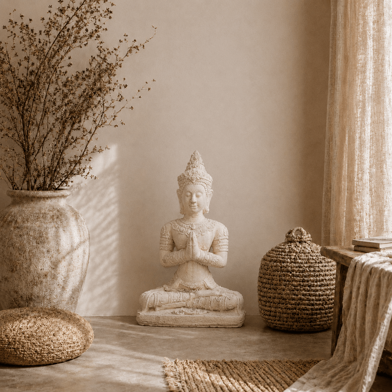 Stenen Boeddha beeld met gevouwen handen in naturel interieur met droogbloemen, linnen gordijn, rotan mand en warme aardetinten.