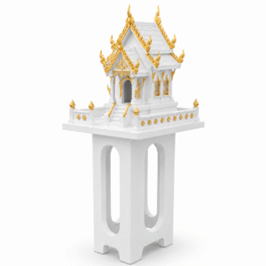 Wit Thais tempelhuis met dubbeldak en goudkleurige details op een witte achtergrond.