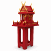 Rood Thais tempelhuis met goudkleurige details en enkeldak op een witte achtergrond.