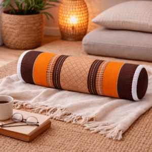 thais knierolkussen oranje op bank yoga ontspanning warm interieur kapok kussen