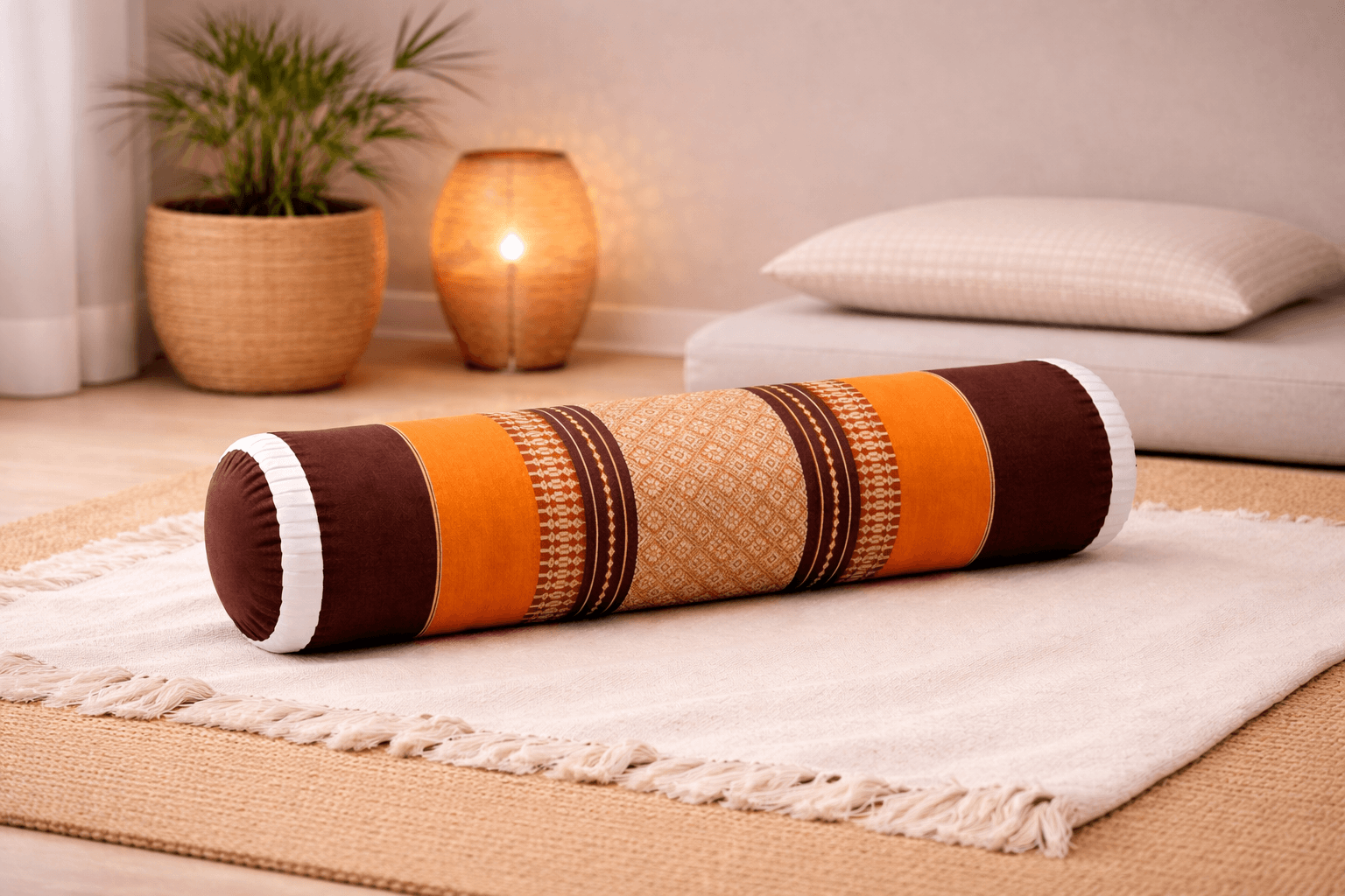 thais knierolkussen oranje kapok rolkussen yoga meditatie ondersteuning