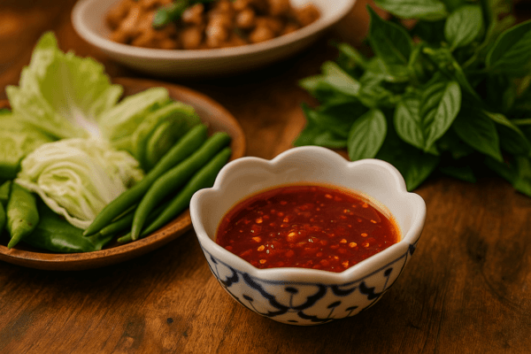 Thais sauskommetje in bloemvorm met pittige saus, geserveerd naast verse groenten.