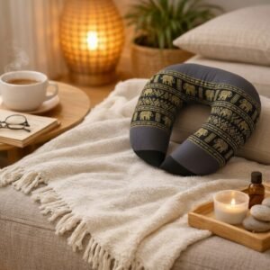 Thais nekkussen in U-vorm in grijs en zwart met olifantmotief op een zachte bank in een sfeervolle ruimte.