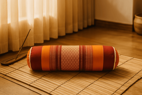 Thais rond meditatiekussen in rood en oranje op een bamboemat bij wierook, in warme zenruimte met gordijnen.