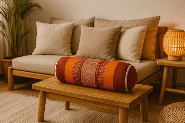 Handgemaakt Thais meditatiekussen in rood en oranje op houten salontafel in sfeervolle natuurlijke woonkamer.