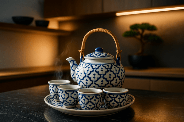 Theeservies uit Thailand met bamboe handvat en dampende thee in modern interieur.