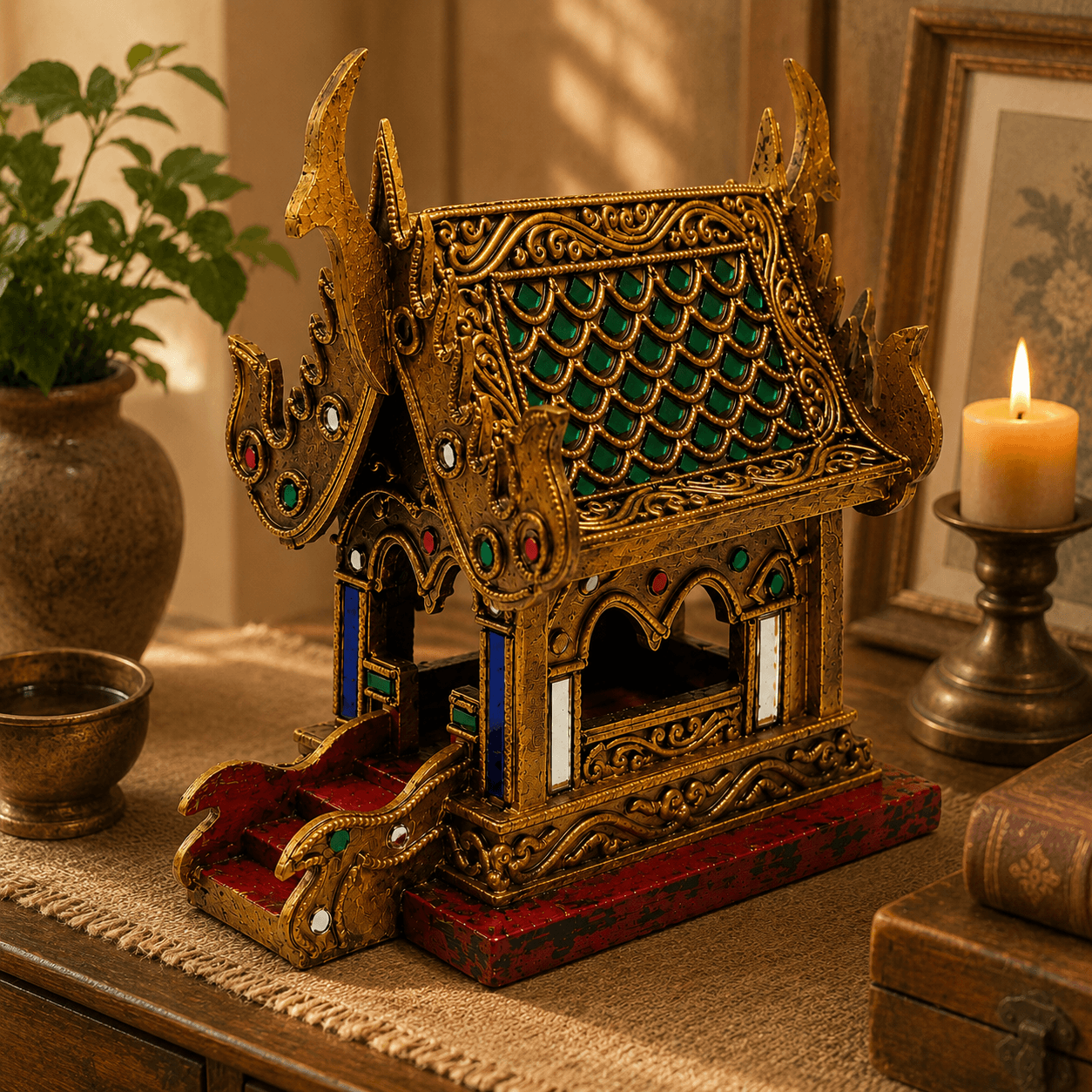 Thaise tempelhuis goud middel met sierlijke gouden ornamenten, groen dakdetail en rode basis in een warme sfeervolle setting met kaarslicht.