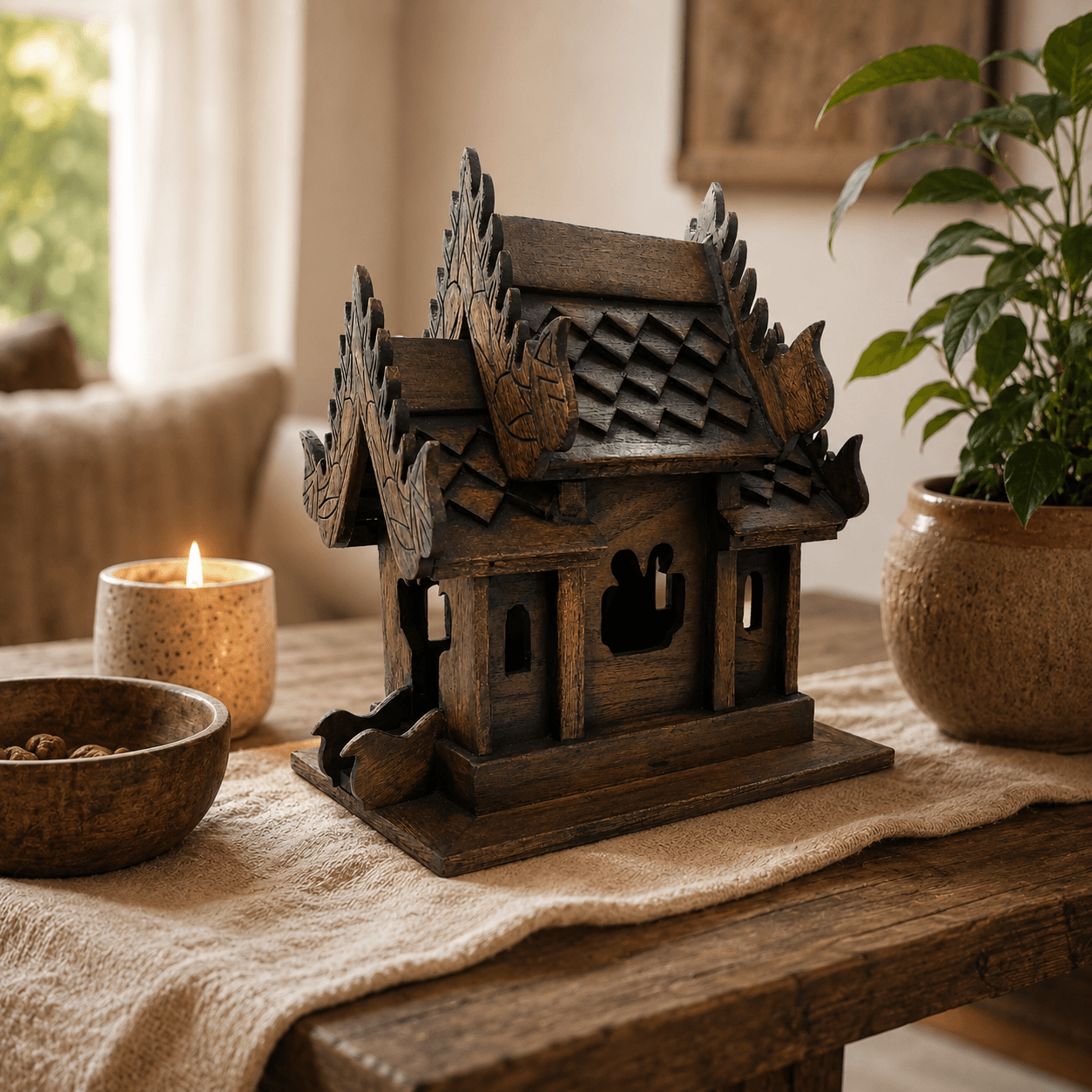 Thaise tempelhuis hout groot in donkere houtlook op een houten tafel met kaarslicht, planten en warme natuurlijke styling.
