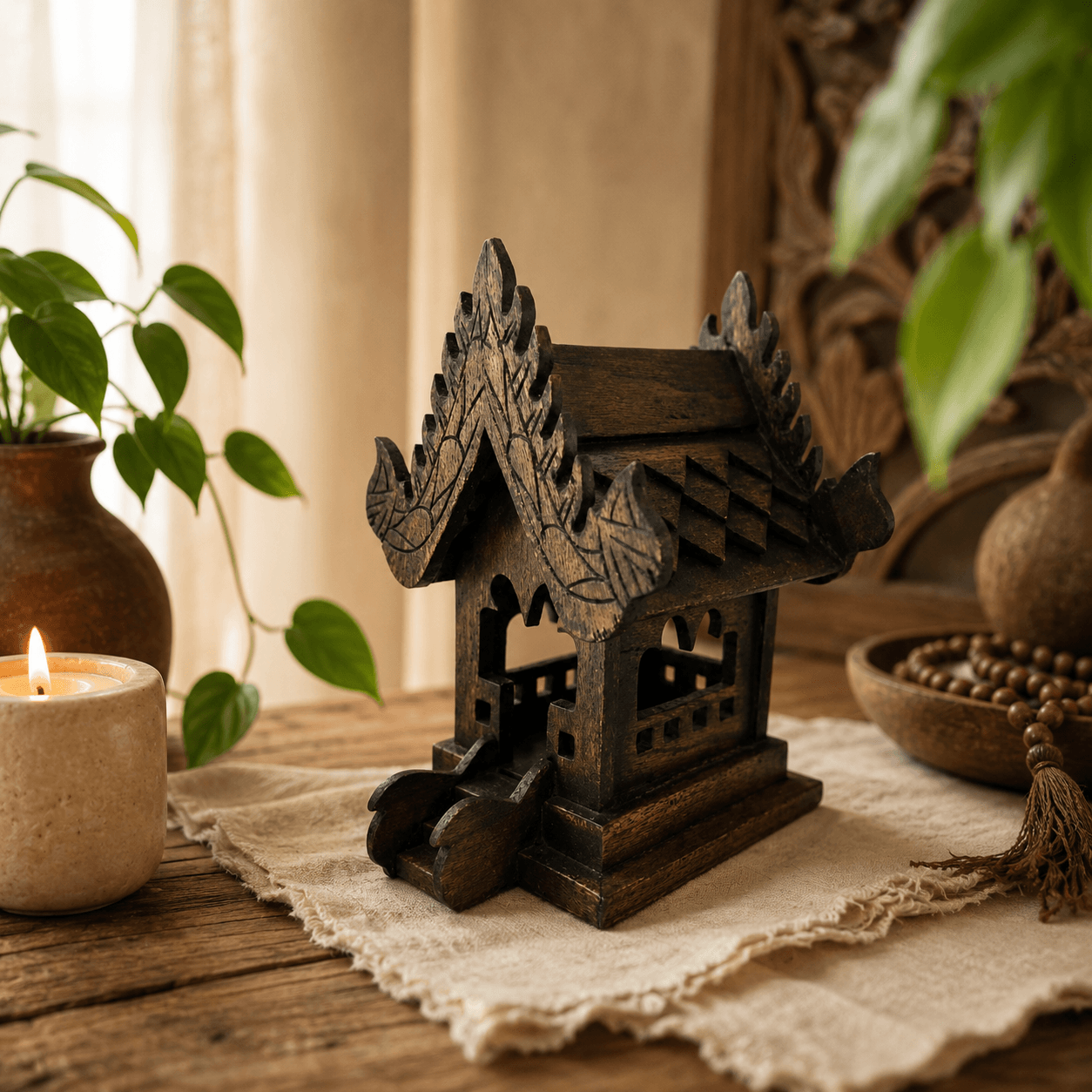 Thaise tempelhuis hout klein in donkere houtlook op een houten tafel met kaarslicht, planten en warme natuurlijke styling.
