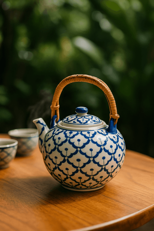 Blauwwitte Thaise theepot met bamboe handvat op houten tafel in tropische tuin