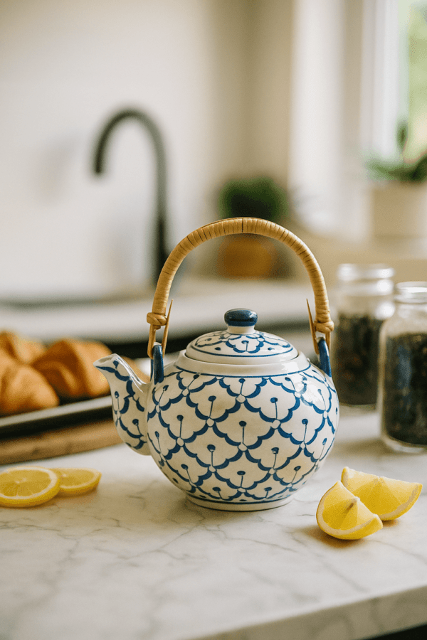Keramische Thaise theepot met blauw patroon en bamboe handvat in lichte keuken met citroen
