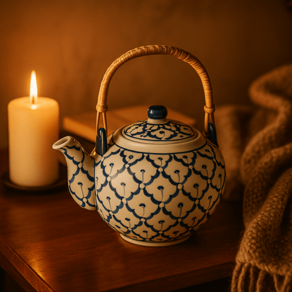 Blauwwitte Thaise theepot met bamboe handvat bij brandende kaars op nachtkastje