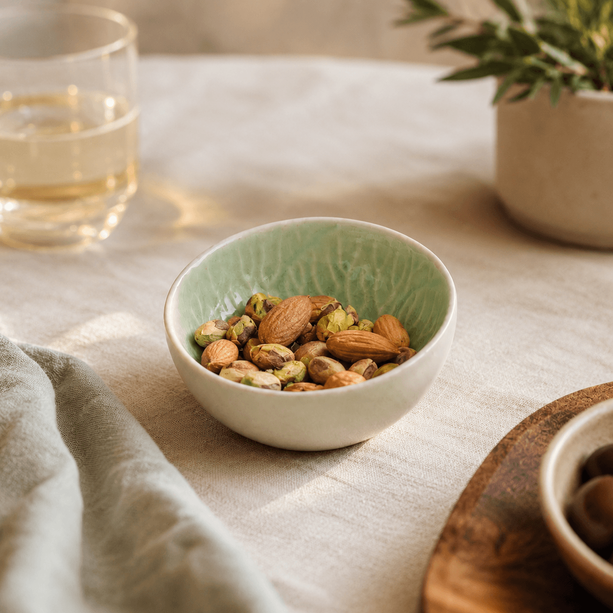 Groen keramisch bloemschaaltje van 8 cm gevuld met amandelen en pistachenoten op een gedekte tafel.