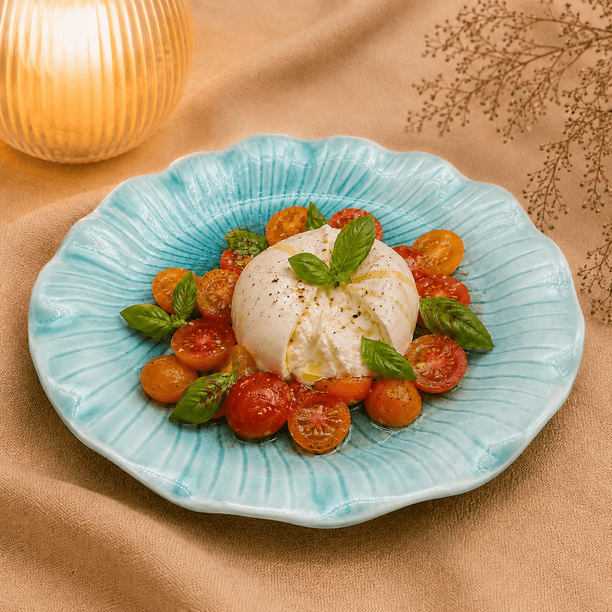 Blauwe bloemvormige lotus schaal van 30 cm met burrata, tomaatjes en basilicum in een warme tafelsfeer.
