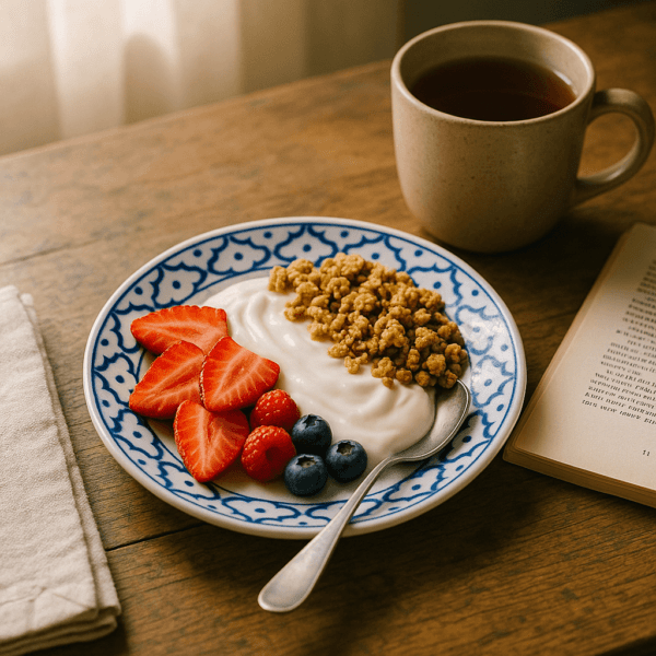 Blauw-wit Thais bord van 16 cm met yoghurt, granola, aardbeien en bessen naast een kop thee