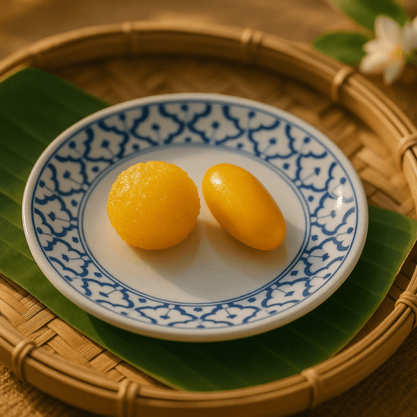 Rond blauw-wit Thais bord van 16 cm met twee gouden Thaise desserts op bananenblad