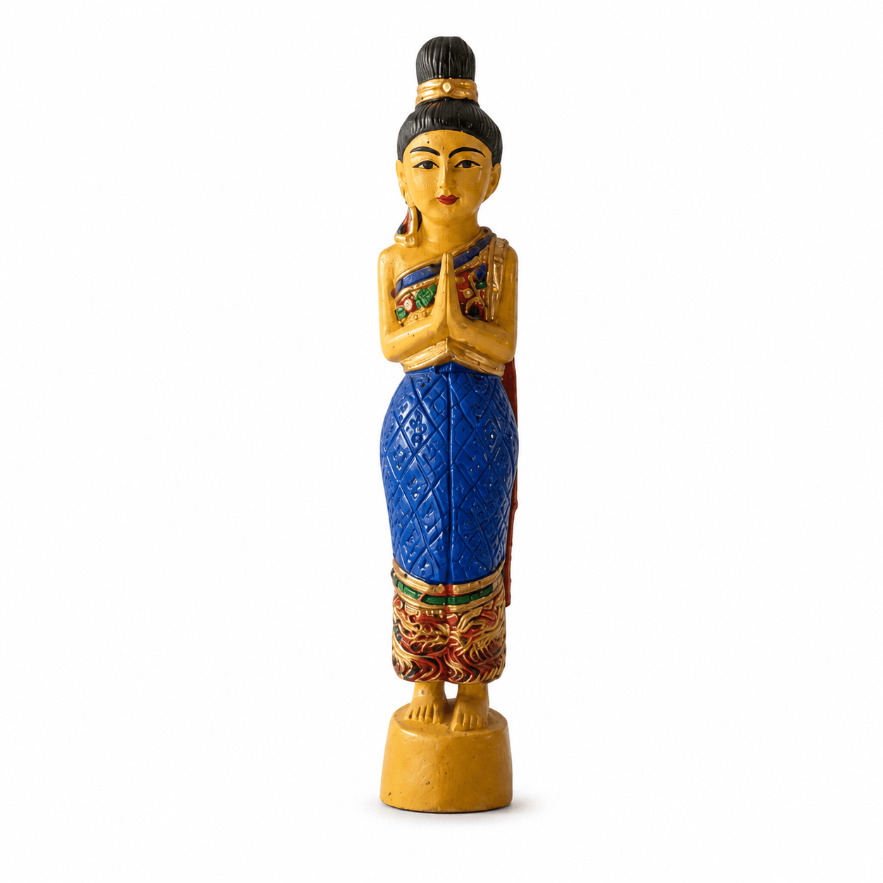 Blauw met goudkleurig Sawadee Lady beeld van 36 cm met gevouwen handen, zwarte haardracht en gedetailleerde Thaise decoratie.