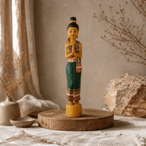 Groen met goudkleurig Sawadee Lady beeld van 50 cm op ronde houten verhoger in naturel interieur met linnen stoffen, droogbloemen en warme aardetinten.