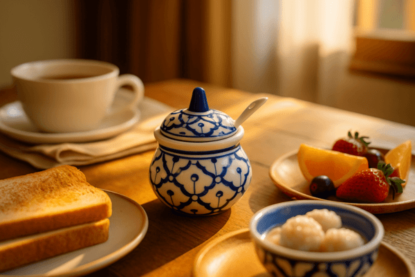 Blauwwit Thais keramisch potje met lepel, geplaatst op een houten ontbijttafel met toast, koffie, fruit en ochtendlicht op de achtergrond.