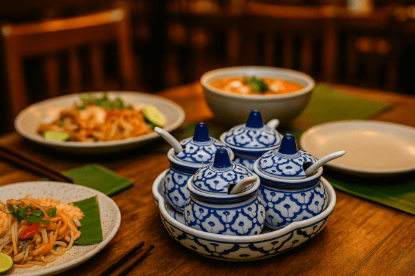 Set van vier handgeschilderde Thaise keramieken sauspotjes met lepeltjes en deksels, gepresenteerd op een houten eettafel met gerechten op de achtergrond.