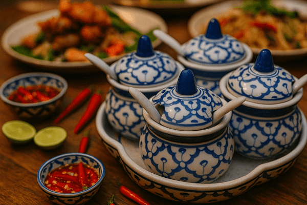 Detailopname van vier Thaise keramieken sauspotjes in een serveerschaal, met lepels en pittige saus, limoen en chilipepers op houten tafel.