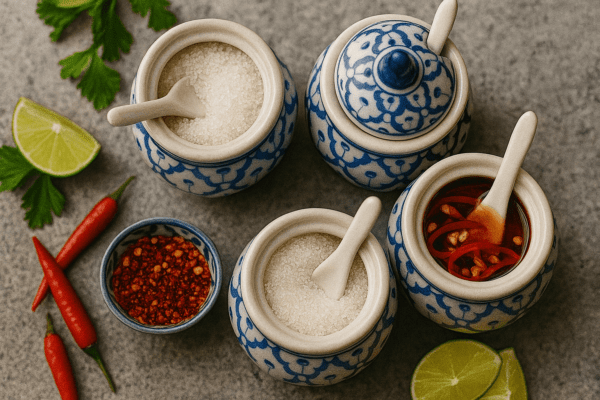 Bovenaanzicht van vier handgeschilderde Thaise potjes, deels open, gevuld met suiker, chili en azijn, omringd door limoenschijfjes en rode pepers.
