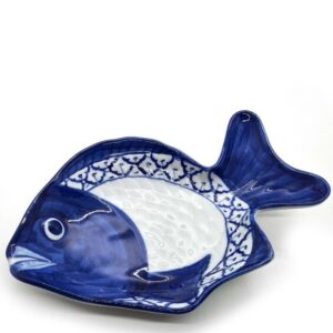 Keramiek visbord blauw wit 32 cm in visvorm bovenaanzicht
