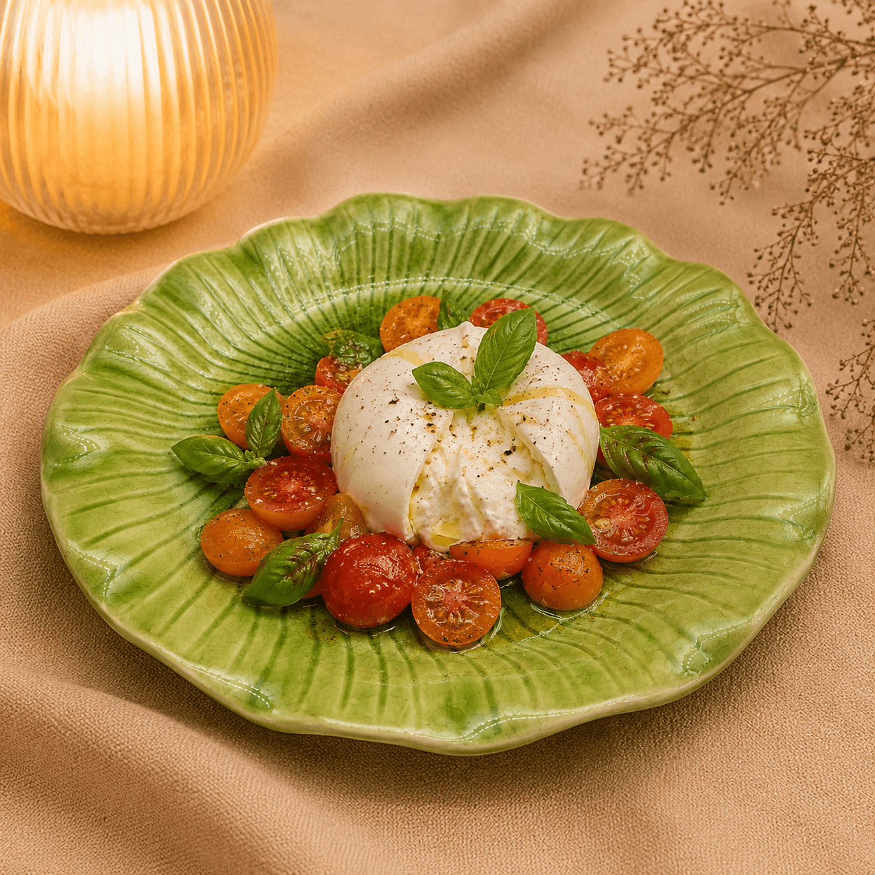 Groene bloemvormige lotus schaal van 30 cm met burrata, tomaatjes en basilicum in een warme tafelsfeer.