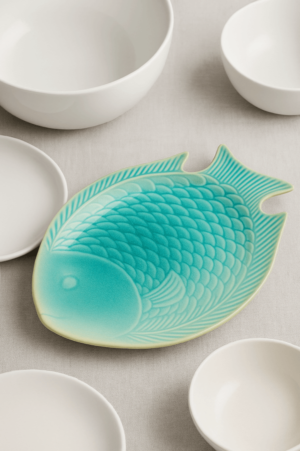 Keramisch visbord turquoise in opstelling met wit servies voor een sfeerimpressie.