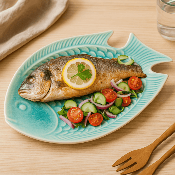 Keramisch visbord in turquoise met een gegrilde vis en salade van tomaat, komkommer en ui.