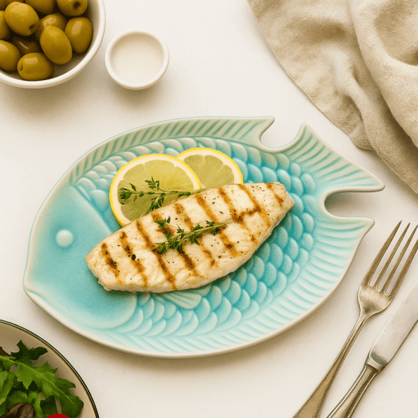 Turquoise keramisch visbord met gegrilde visfilet en schijfjes citroen.
