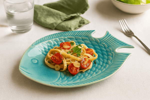 Turquoise visbord van keramiek met een portie pasta, kersttomaten en peterselie.