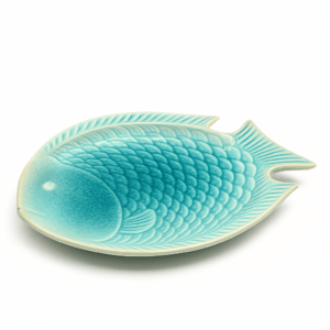 Turquoise keramisch visbord in de vorm van een vis, met een glanzende afwerking en fijne details