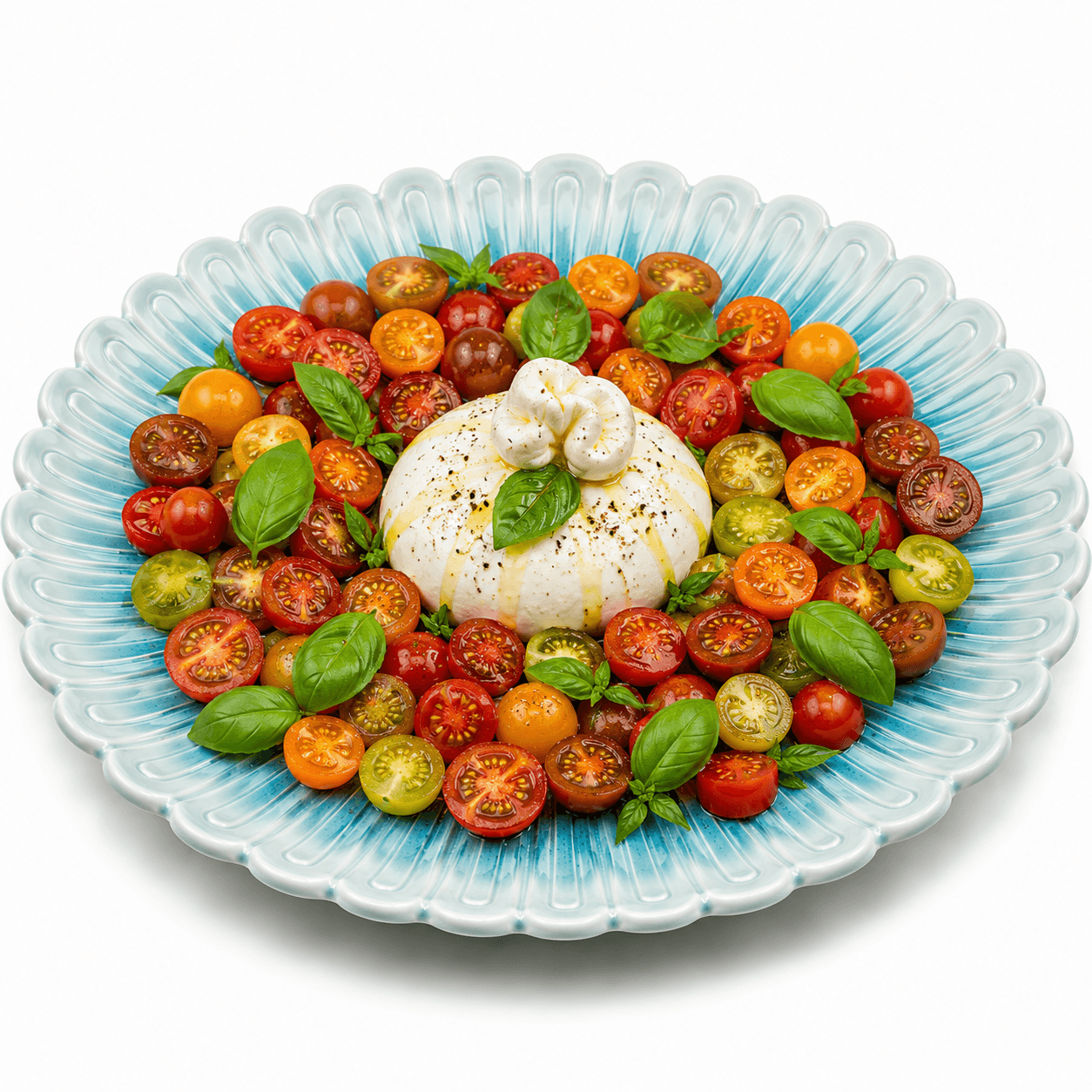 Blauwe keramische lotusschaal van 30 cm met burrata, gekleurde tomaatjes en basilicum op een witte achtergrond.