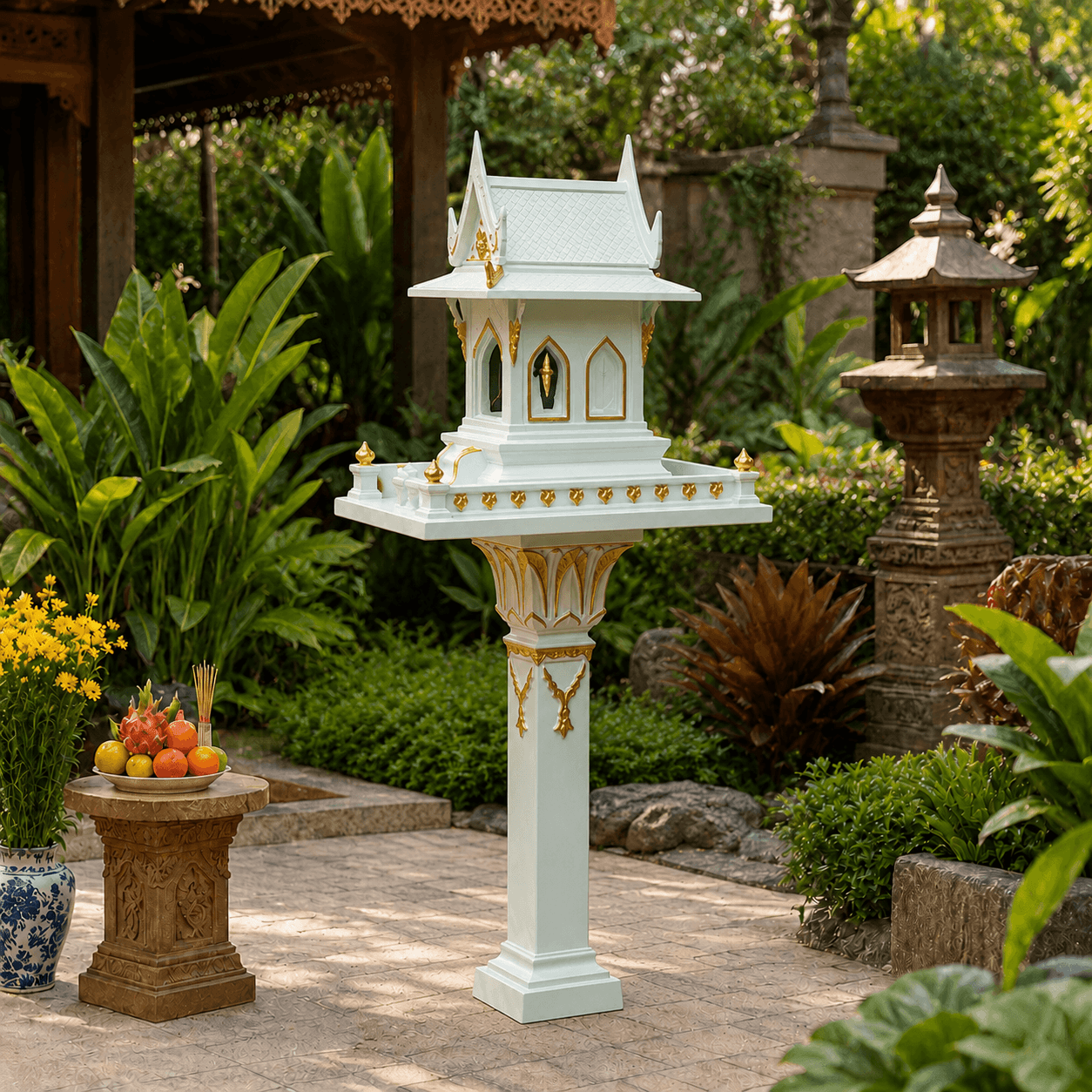 Wit Thais tempelhuis van 185 cm met goudkleurige details in een groene Oosterse tuin.