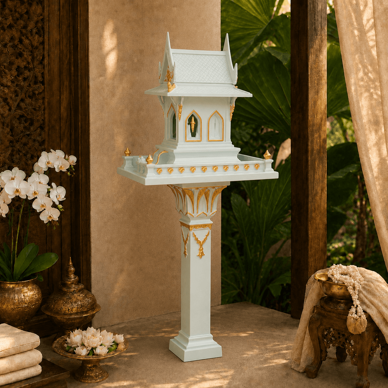 Wit Thais tempelhuis van 185 cm met gouden ornamenten in een warm Oosters interieur met orchideeën en decoratie