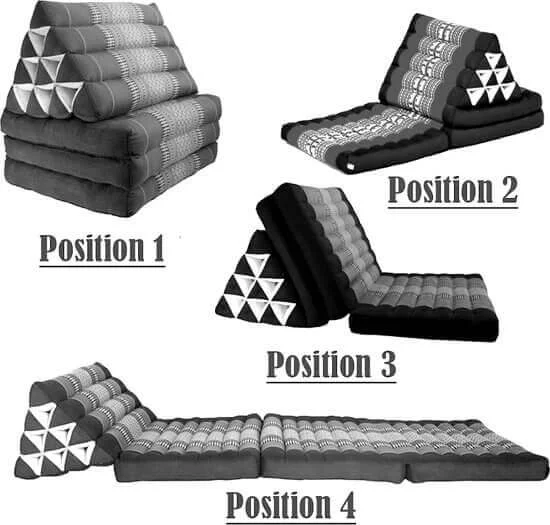 Overzicht van verschillende standen van een Thais driehoekskussen met vier posities